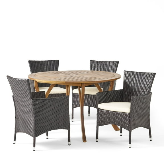 GDF Studio Jersey Outdoor Acacia Wood and Wicker 5 Piece Dining Set with Cushion, Teak, Multibrown, and Beige