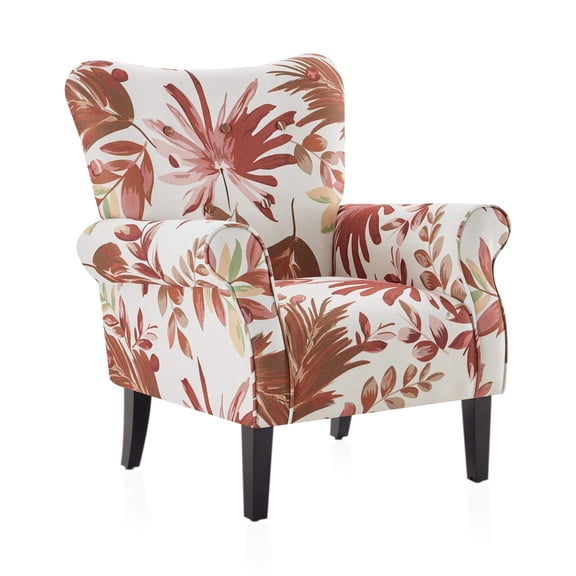 Red Floral Botanical Print Wingback Accent Chair with Wooden Legs