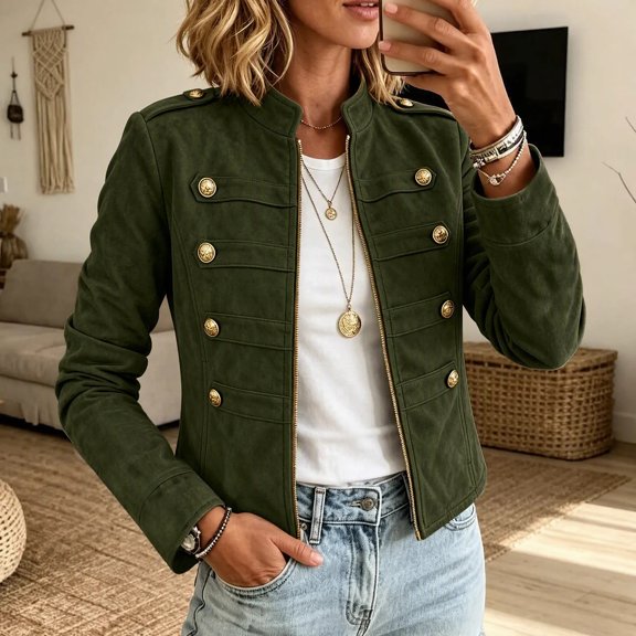 Mifsaly Womens Faux Suede Jacket Stand Collar Zip Up Long Sleeve Coat with Gold Tone Buttons Slim Fit Casual Fall Cropped Outerwear
