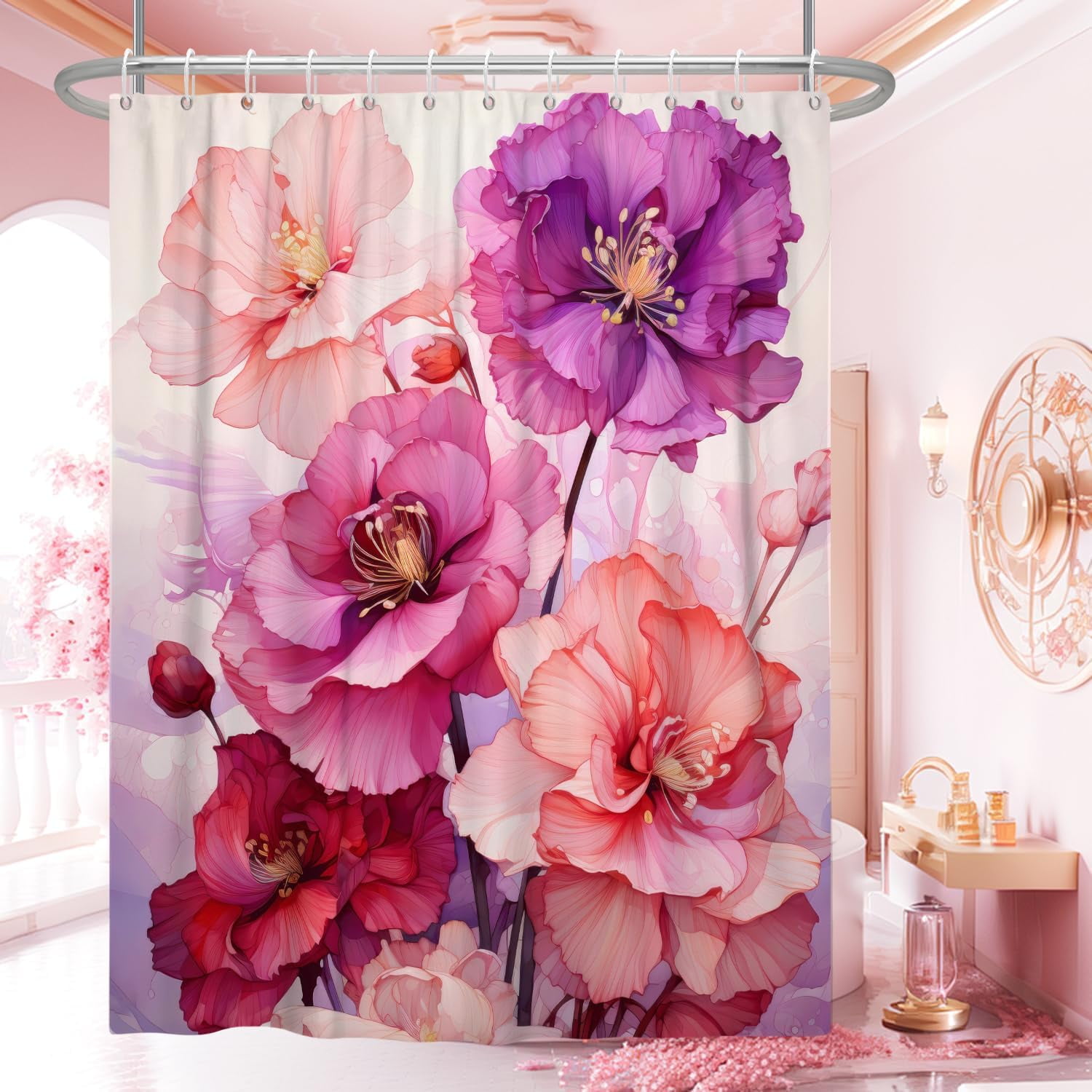 Pink Shower Curtain for Bathroom Rose Pink Floral Shower Curtain Set with Hooks Abstract Purple Pink Flowers Bathtub Decor Waterproof Fabric Curtains 36"W x 72"L (Pack of 1)
