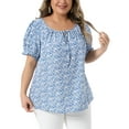 thumbnail image 4 of Agnes Orinda Women's Plus Size Floral Tops Tie Front Scoop Neck Short Sleeve Ruffle Cuff Summer Casual Blouses 2X Blue, 4 of 6