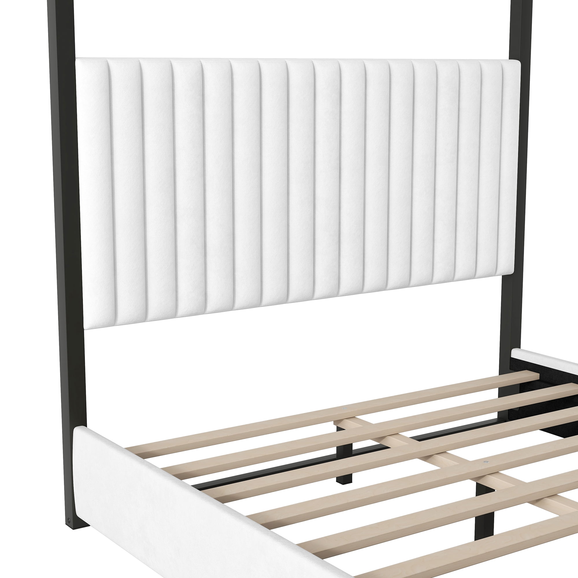Euroco Upholstery Queen Size Canopy Platform Bed with Upholstery Headboard and Metal Bed for Adults, White