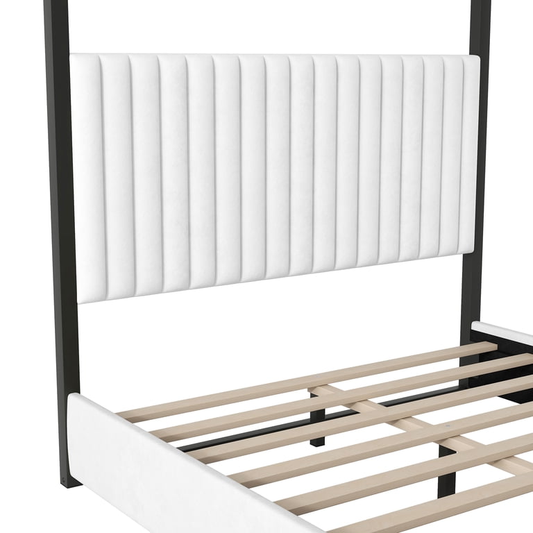 Euroco Queen Canopy Platform Bed with Upholstered Headboard, White photo 4