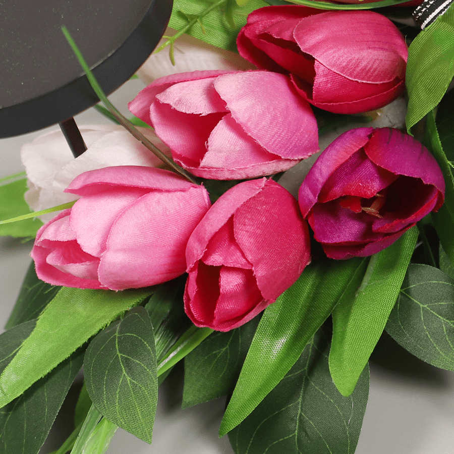 Spring Summer Table Centerpiece - Artificial Tulip Flowers with Eucalyptus Leaves & Bows, Candle Holder for Dining Room, Outdoor Home Decor (Floral Farmhouse Decor)