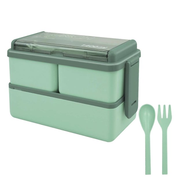 2 Layer Stackable Bento Lunch Box - 1400ml, 3 Compartments with Cutlery, Microwave & Dishwasher Safe Lunch Box for Adults Kids