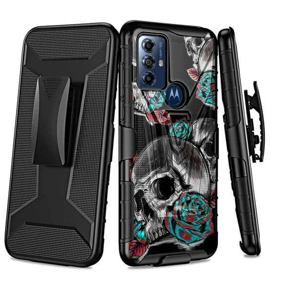 DALUX V Hybrid Kickstand Holster Phone Case Compatible with Motorola Moto G Play (2023) 4G LTE - Night Skull Romance
