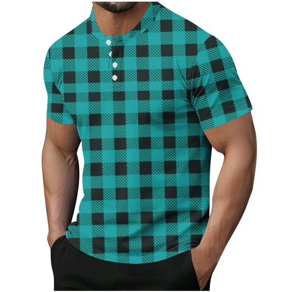 Cmfcve Round Neck T-shirts for Men Plaid Button Top Blouses Short Sleeve Pullover Work Tee Tops