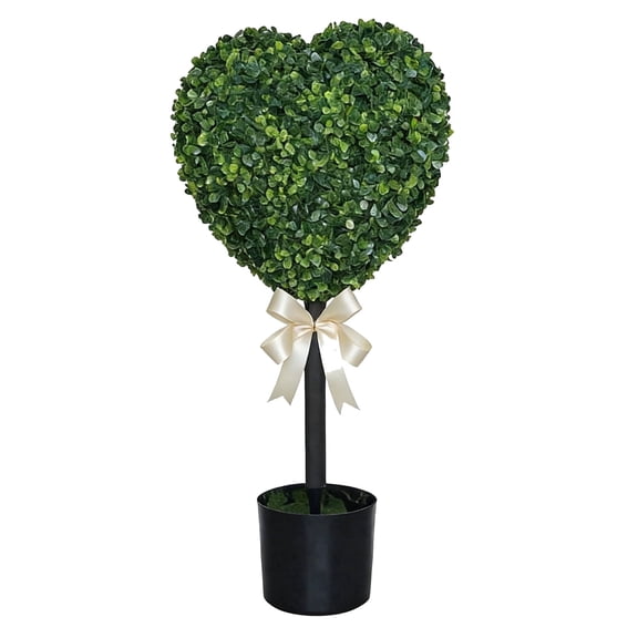 Tupukom Valentine's Day Decor 32'' Artificial Heart-Shaped Topiary Tree Pot UV-Resistant Bowknot Faux Boxwood Topiaries Plant for Porch Outdoor/Indoor