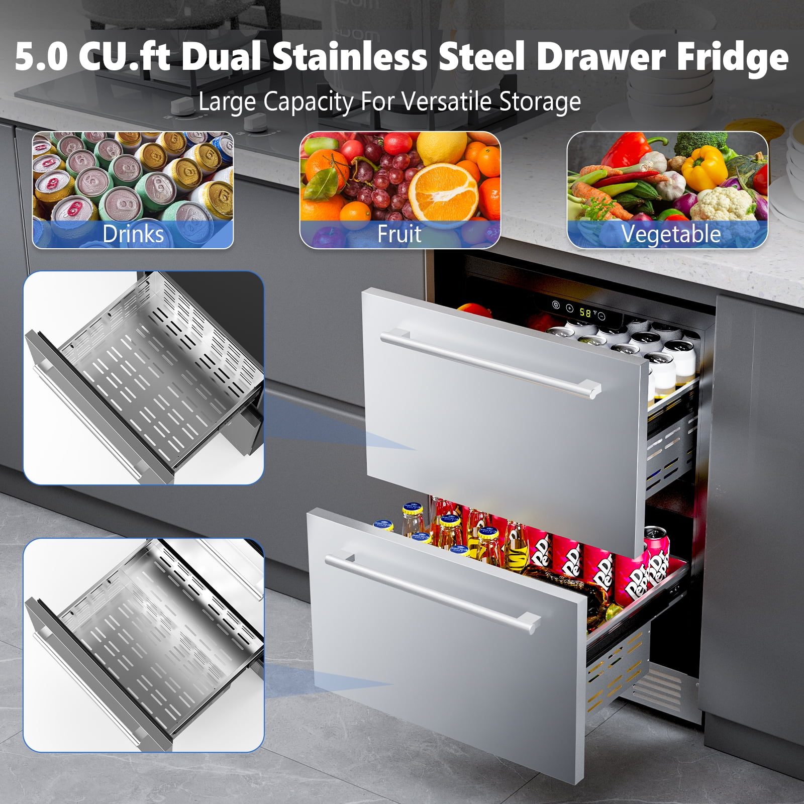 KNDKO 24 Inch Under Counter Refrigerator, 145 Cans Beverage Refrigerator, Stainless Steel Double Drawer Mini Fridge for Undercounter Built-in or Freestanding,Wine Cooler for Home & Patio