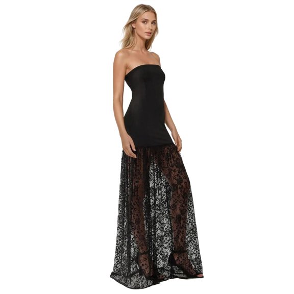Strapless Maxi Bodycon Dress with Lace Details