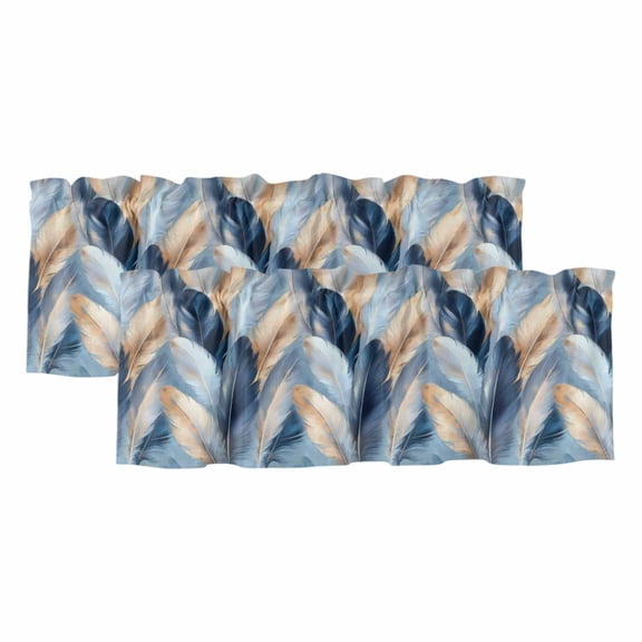 2 Pack Gold Navy Feather Valance for Window Oil Painting Simple Blue Style Abstract Kitchen Valance Rod Pocket Short Curtain Topper Decorative Window Treatment for Living Room Bedroom 42"x12"