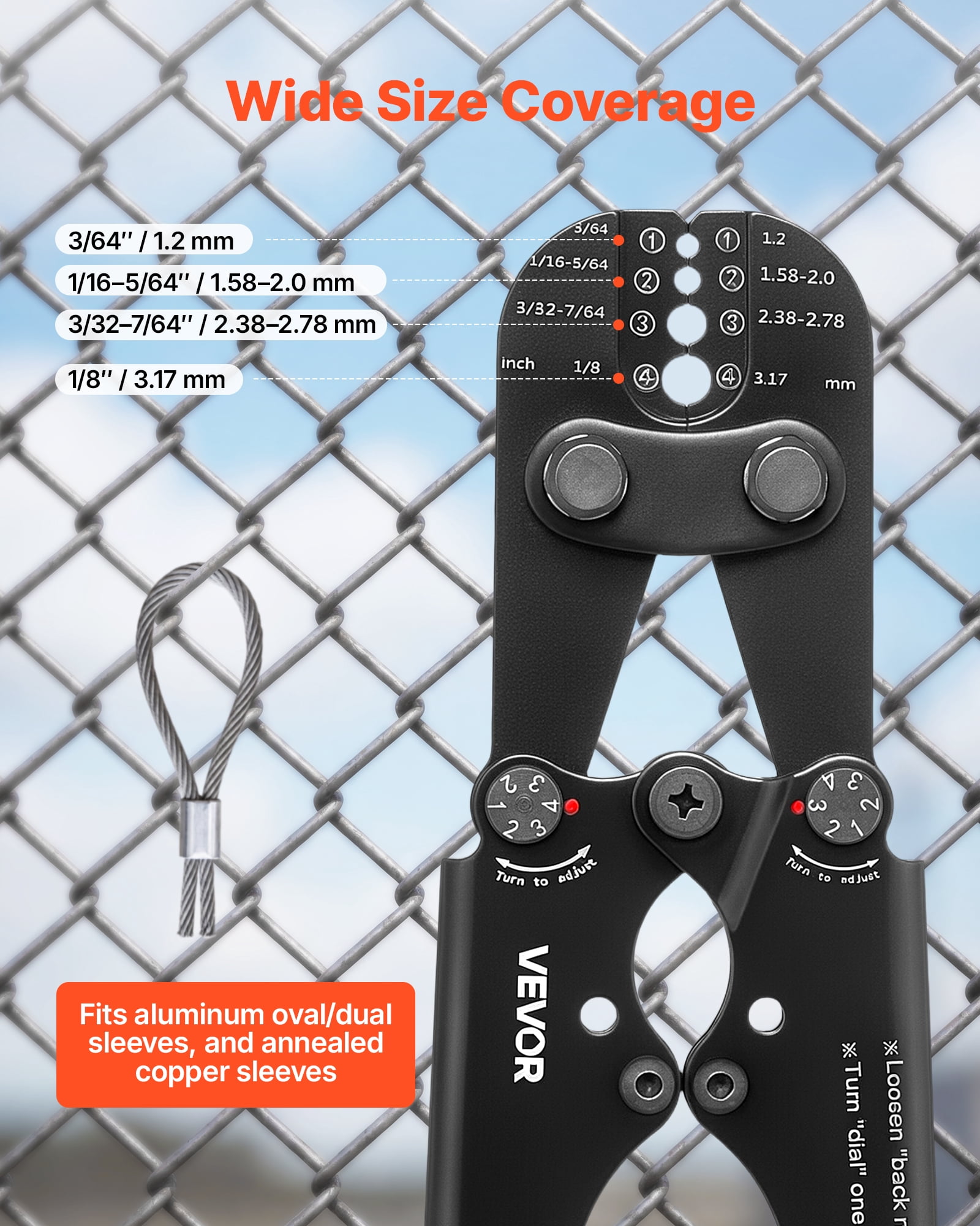 VEVOR Crimping Tool, 3/64" - 1/8" Steel Wire Rope Crimper, with Clear Metric and Imperial Markings, Adjustable Force, Crimp Pliers for Aluminum Oval and Dual Sleeves, and Annealed Copper Sleeves