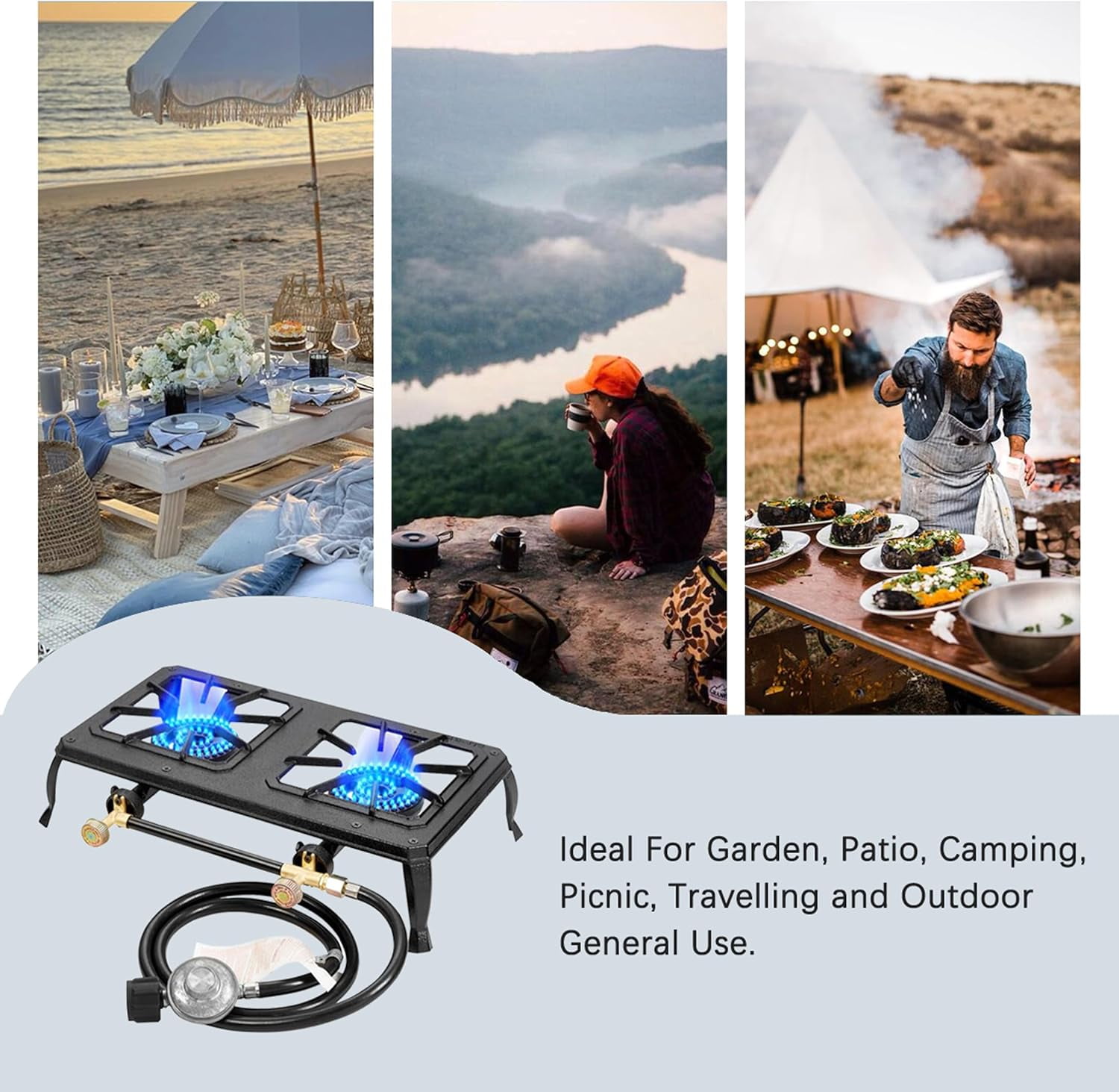 Vivicreate 2-Burner Cast Iron Camping Stove with CSA Listed Regulator and Gas Hose（HT-C-0012）