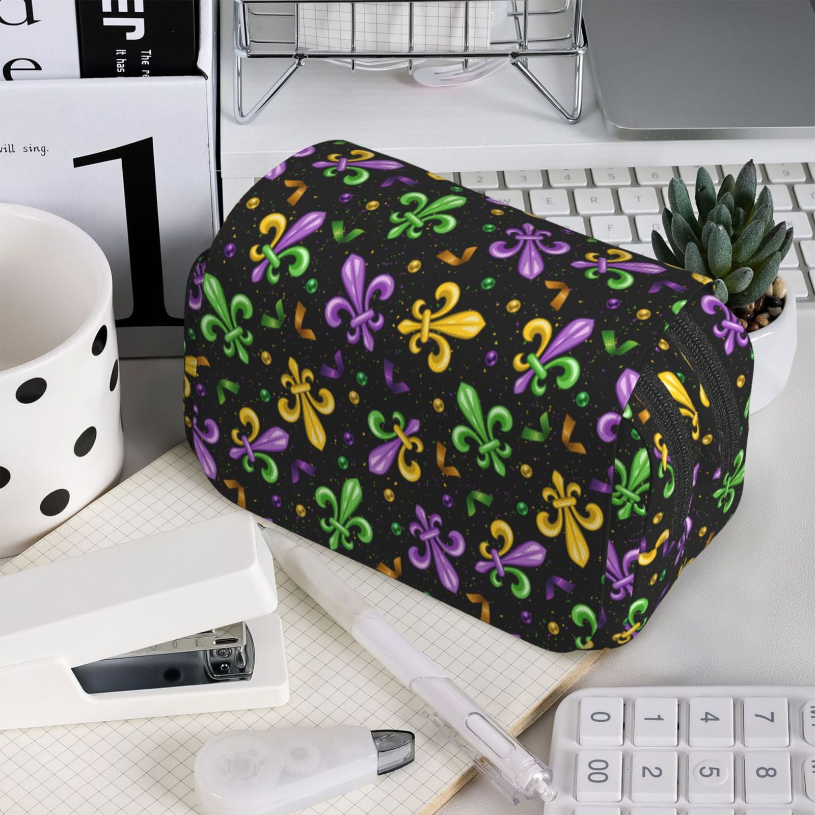 Rateoe Mardi Gras Carnival4 Pattern Double Clamshell Pen Case, Storage Organizer with Two Zipper Compartments– Holds Up to 50 Pencils & Pens