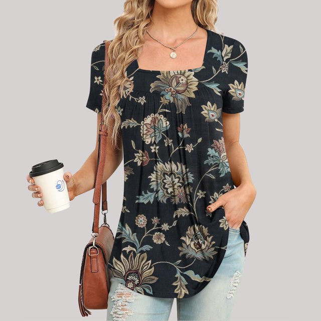 SMihono Hauts pour Femmes Été Chic Décontracté Mode Femme Imprimé Décontracté Col Rond Manches Courtes T-Shirt Ample Blouse Hauts T-Shirt Oversize pour Femmes