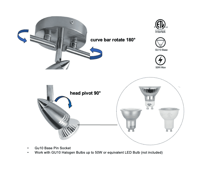 Laite Lumens track Lighting, Modern 3-Light Decorative Brushed Steel Flush Mount Ceiling Light Fixture , GU10 Pivot Heads, Adjustable Directional Ceiling Spotlight Kit for Kithchen, 28 Inch