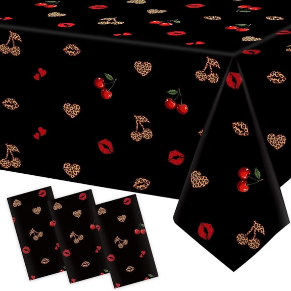3PCS Cheetah Cherry Tablecloths - Red Black Leopard Red Lips Disposable Plastic for Birthday Baby Shower