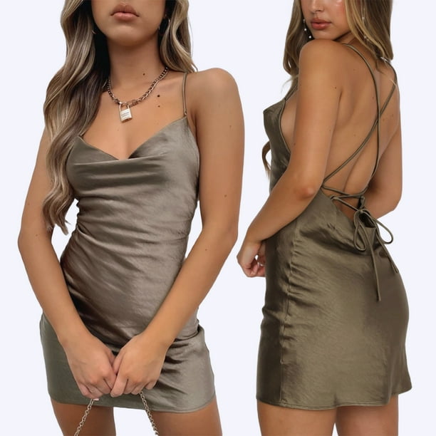 SAYOO Vestido corto ajustado sin espalda con tirantes y cuello en V para mujer SAYOO Moda