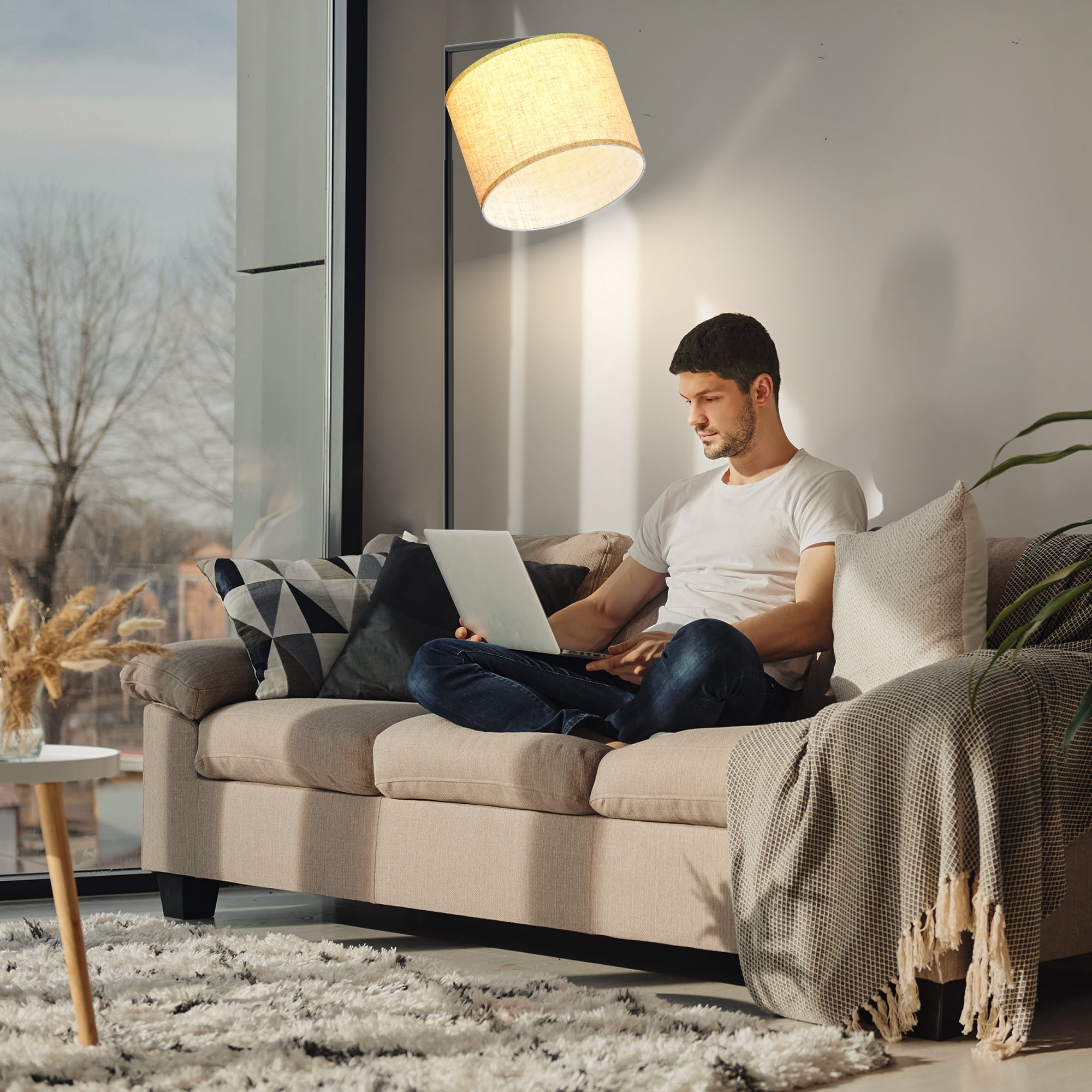 JURULU Arc Floor Lamp, Modern Standing Lamp with Remote Control, Including 4 Color Temperature 9W LED Bulbs, 350º Adjustable Linen Lampshade, Ideal for Living Room, Bedroom, Office