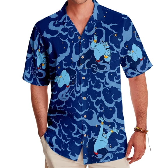 Disney Genie Cloud Art Hawaii Shirt, Disney Aladdin Hawaiian Short Sleeve, Disneyland Summer Button Up T-shirt, Funny Genie Aloha Beach Tee