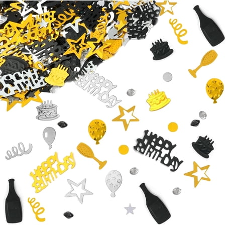Black Gold Silver Happy Birthday Confetti, 3000 Pieces Birthday Cake Confetti, Metallic Foil Balloon Table Scatter Confetti Decoration for Birthday Party, Anniversary, Baby Shower