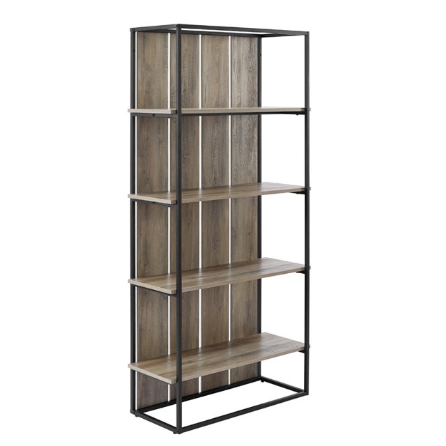 64" Farmhouse Bookcase - Gray Wash with Black Metal