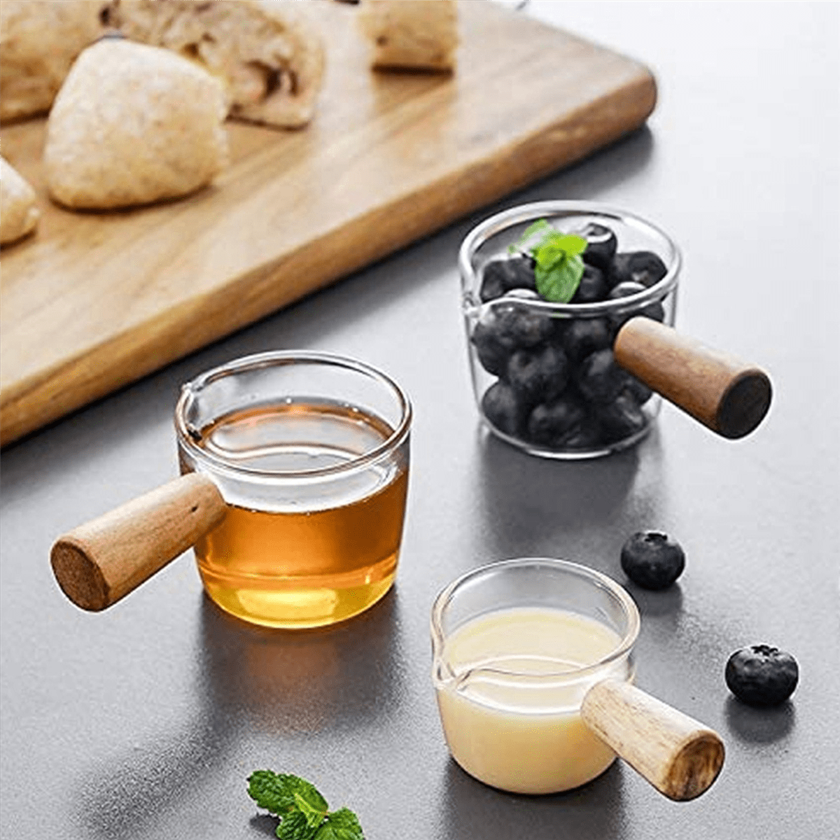 8PCS Transparent Glass Creamer with Wooden Handle, Mini Coffee Milk Creamer Pitcher. 50Ml