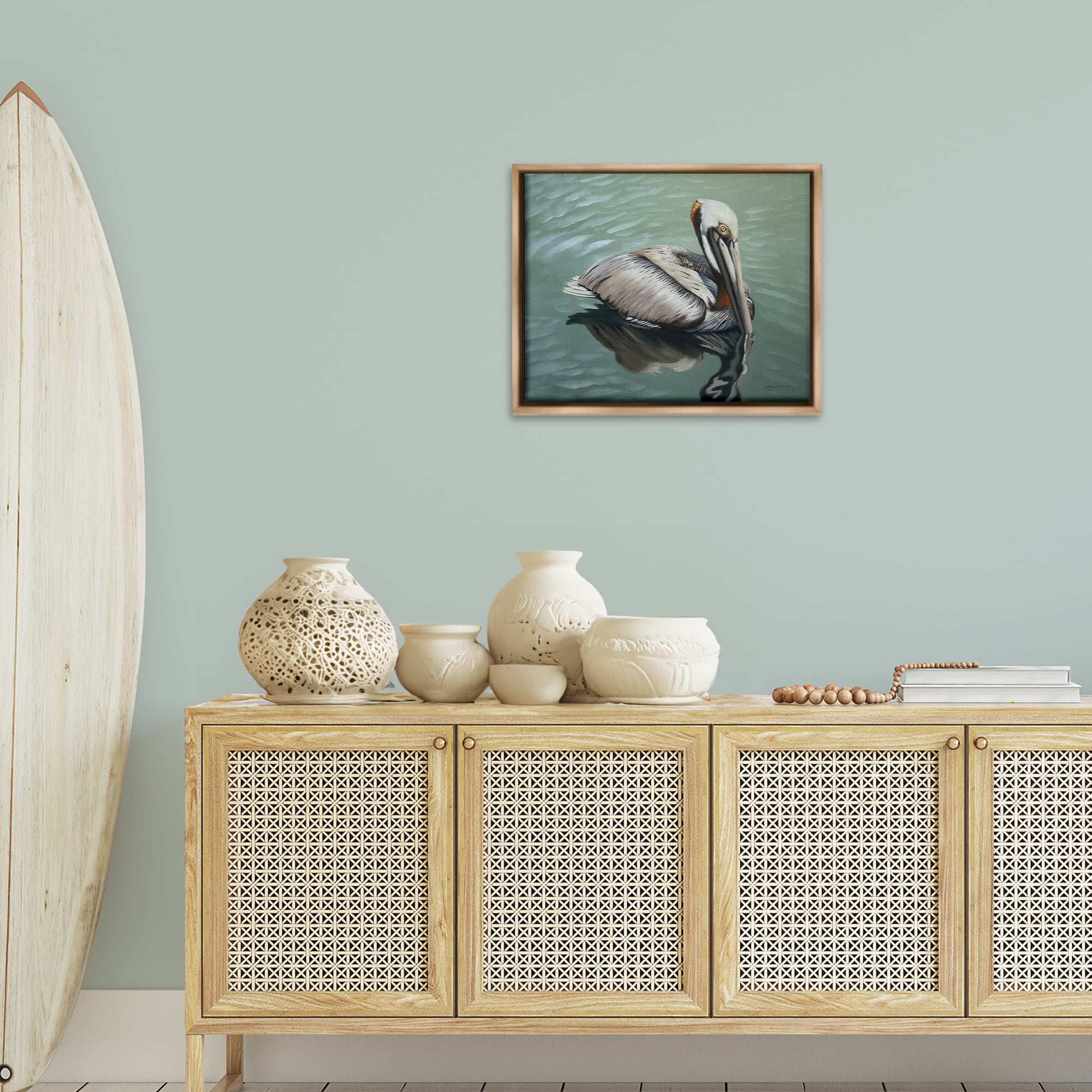 Stupell Industries Pelican Lake Reflection Animals & Insects Painting Brown Floater Framed Canvas Art Print Wall Art, 21 x 17