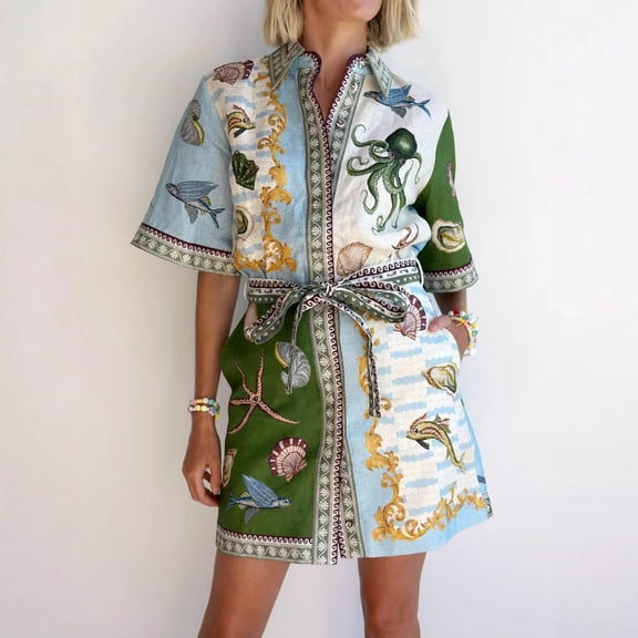 Women's Coastal Print Shirt Dress, Button Down Short Sleeve Belted Mini Dress