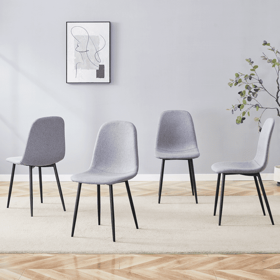 Set of 4 Luxury Simple Dining Chairs, Light Gray Linen‑Cotton Upholstery, High‑Resilience Cushion, Black Integrated Metal Legs for Home Dining Room