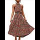 thumbnail image 2 of Vestido Bohemio de Verano para Mujer, Sin Mangas, con Estampado de Lunares, Cuello Halter, Volantes, Dobladillo y Cinturón Verde Naranja S, 2 of 7