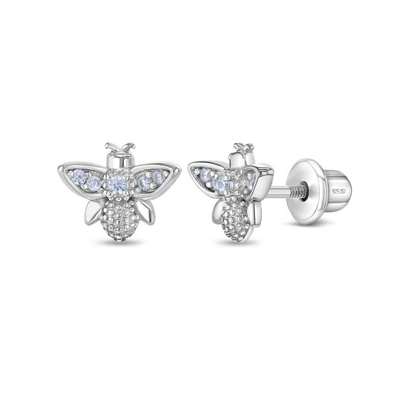 CZ Bee Kids / Children's / Girls Earrings Screw Back - Sterling Silver