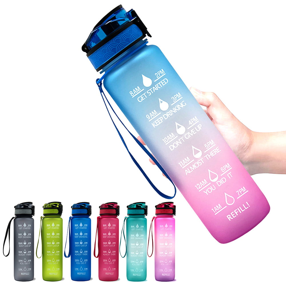 Tomfoto 1100ml Sports Water Bottle with Time Marker BPA Free & Leak proof  Portable Reusable Drinking Kettle Fitness Sport Water Jug for Men Women  Student to Camping Office School Gym Workout 