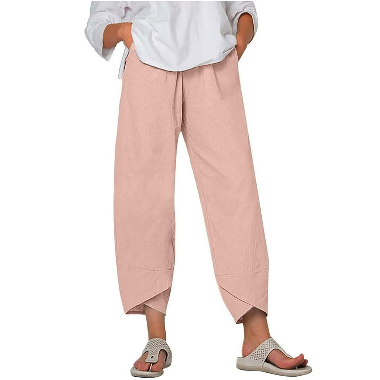 Summer Pants for Women Plus Size Casual Cotton Linen Wide Leg Drawstring  Elastic Waist Capris Crop Pants with Pockets 