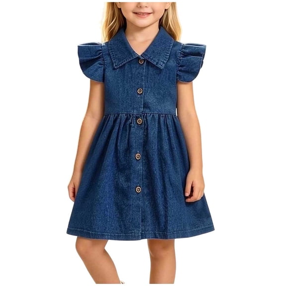 IFNWSV Toddler Girls Denim Dress Solid Color Short Sleeve Ruffle Button Down Casual A-Line Jean Dress Blue 6-12 Months