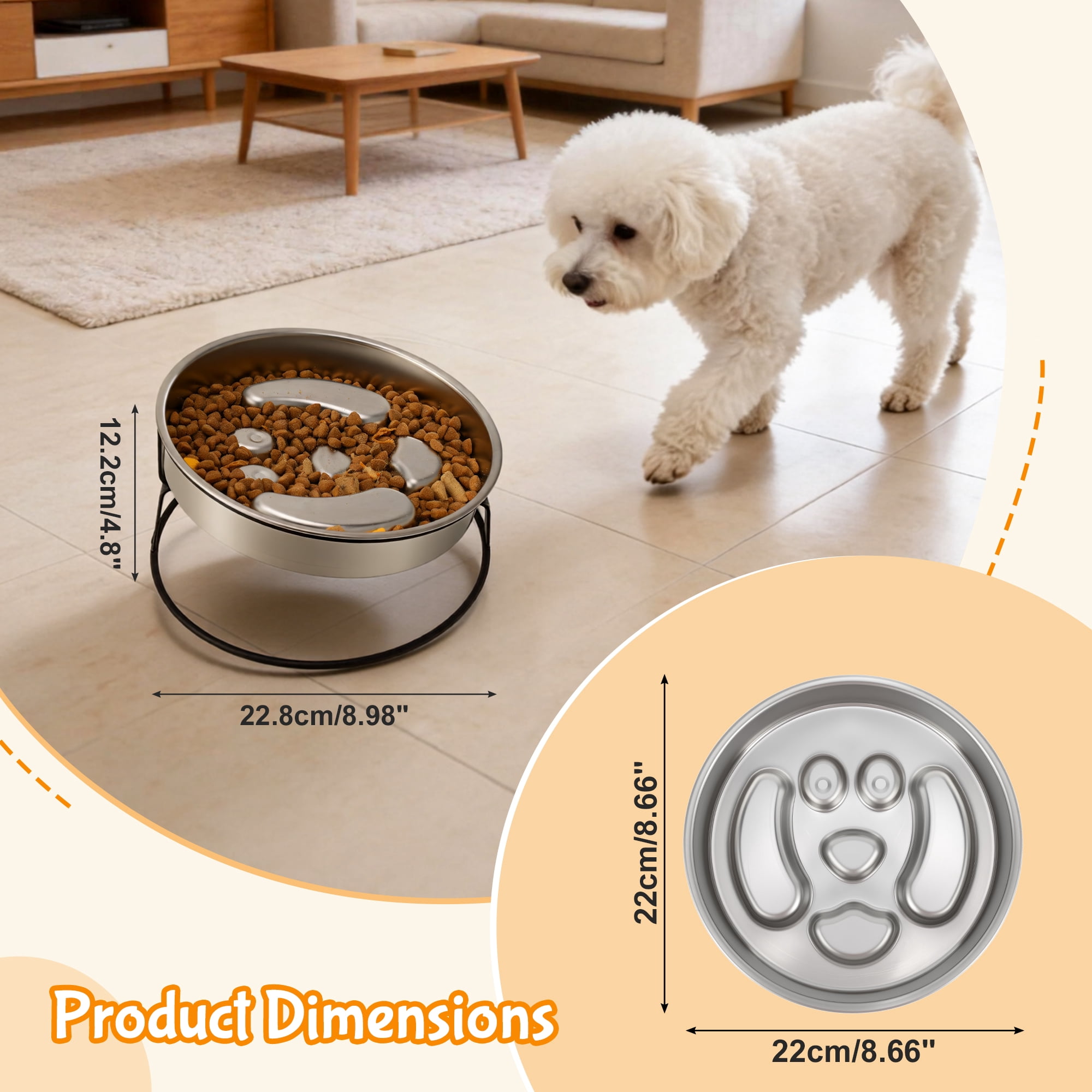 Unique Bargains Elevated Dog Bowl Stand Stainless Steel Slow Feeder Dog Bowl with Non-Slip Base Slow Down Eating for Dogs Silver Tone 1 Set [Dog Face Pattern]