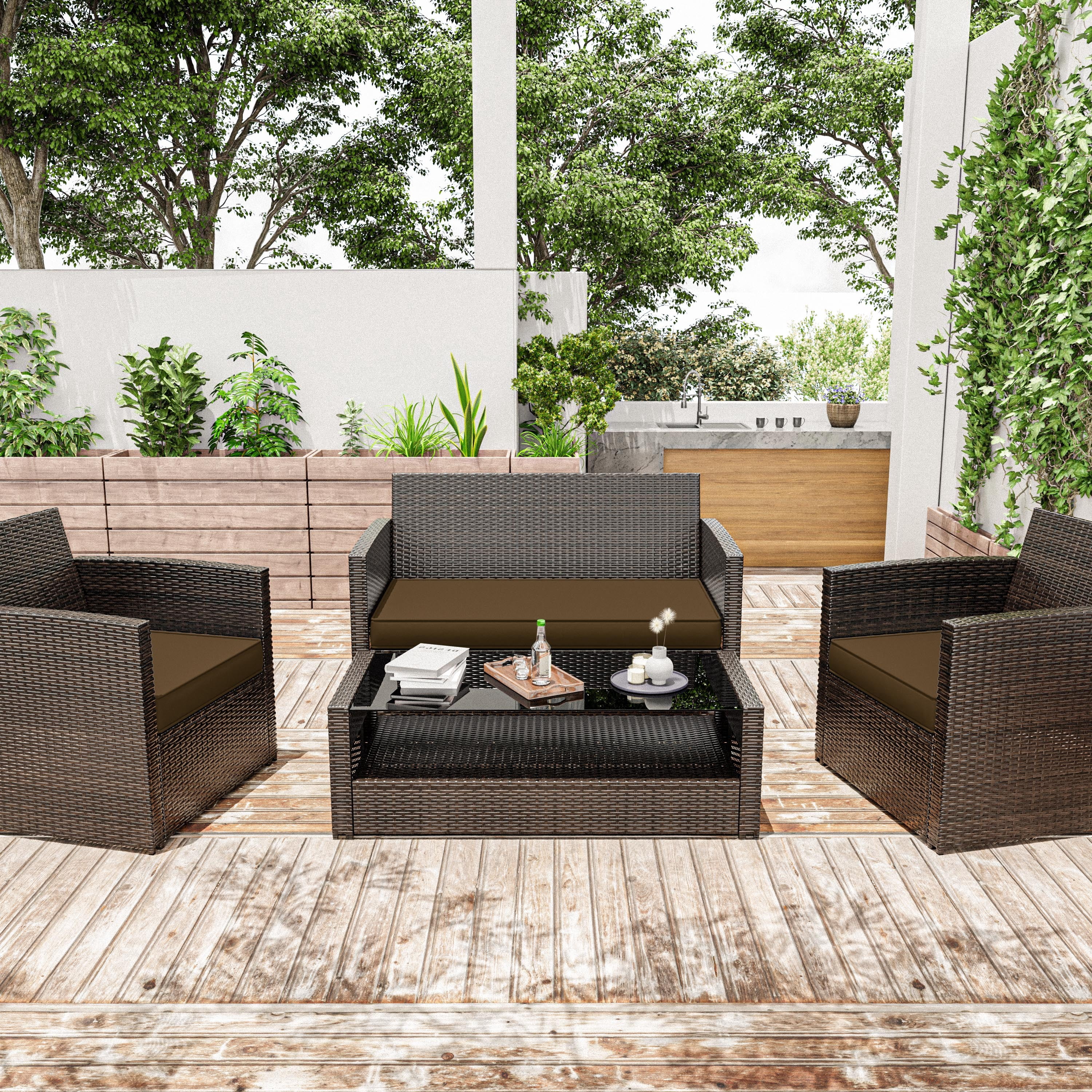 Snubbull 3 Pack Outdoor Replacement Cushions for 4-Seater Wicker Rattan Loveseat Sofa Chair Patio Furniture, 36 x 18 x 3,18 x 18 x 3, Chocolate