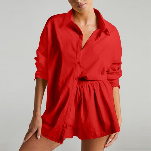 Pyhlmscde Women's Spring/Summer Fashion Set Casual Color Blocked Single Breasted Shirt Elastic Shorts Two Piece Set, Linen Shorts Set, Zeagoo Button Down Shirts for Women, Coord Sets for Women Summer