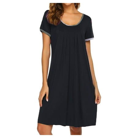

Womens Solid Pleated Round Neck Patchwork Nightdress Dress