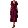 thumbnail image 2 of Jsaierl Women's Cotton Linen Dresses Summer Casual Short Sleeve Midi Dress Cute Solid Color V Neck Dress Bohemian Soft Dresses 2024, 2 of 8