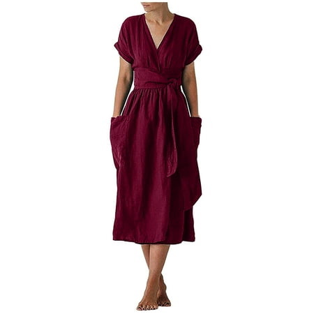 

Women Clothes Clearance Women Casual Solid V-Neck Short Sleeve Dress Pocket Split Hem Strap Dress
