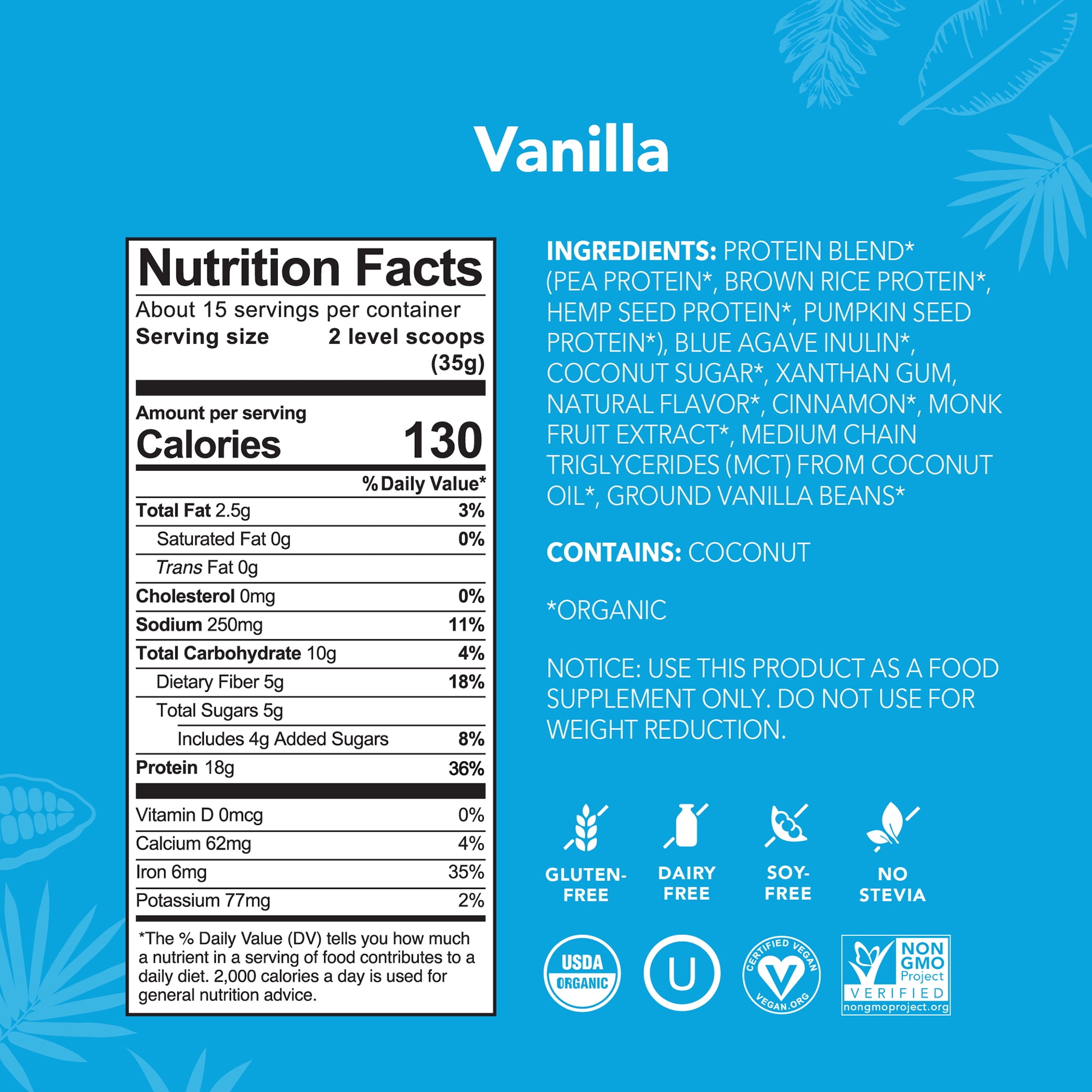 ALOHA Organic Plant Based Protein Powder, Vanilla, 18g Protein Smoothie, Stevia, Sucralose or Erythritol Free, 15 Servings