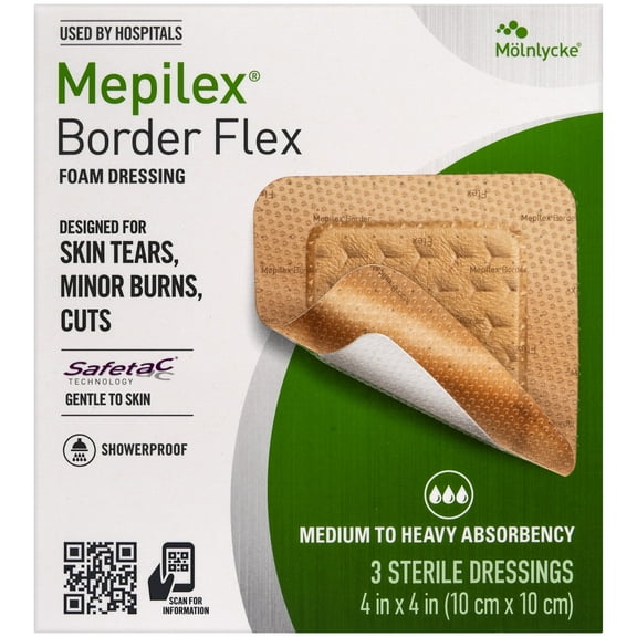 Mepilex Border Flex 4"x4" Hospital Grade Dressings for Skin Tears, Minor Burns, & Cuts Waterproof Adhesion for Up to 7-Day Use, 3 Count