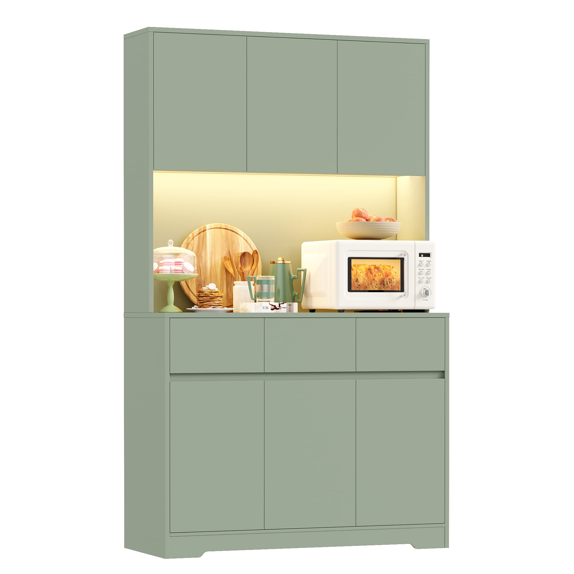 Homfa 70.9'' Tall Kitchen Pantry Cabinet with Charge Station & Led Light, 3 Drawer Storage Cabinet with Adjustable Shelves, Green