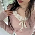 thumbnail image 2 of Y2K Lace Patchwork Contrast Color Cropped Top Pink Korean Style Slim-fit Knitted Tops Coquette Aesthetic Long Sleeve Tops, 2 of 6