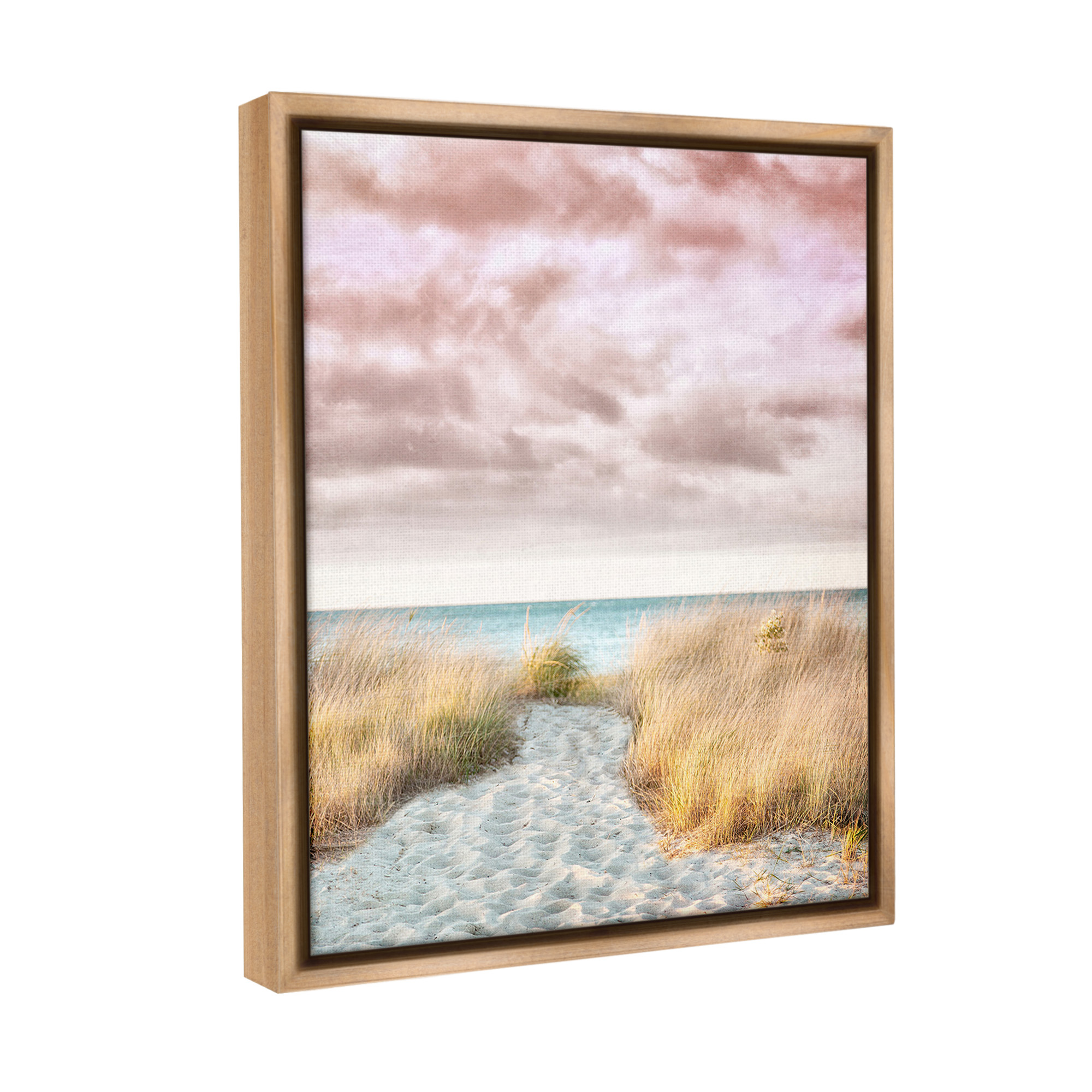 Stupell Industries Beach Path with Pink Sky Landscape Photography Brown Floater Framed Canvas Art Print Wall Art, 17 x 21