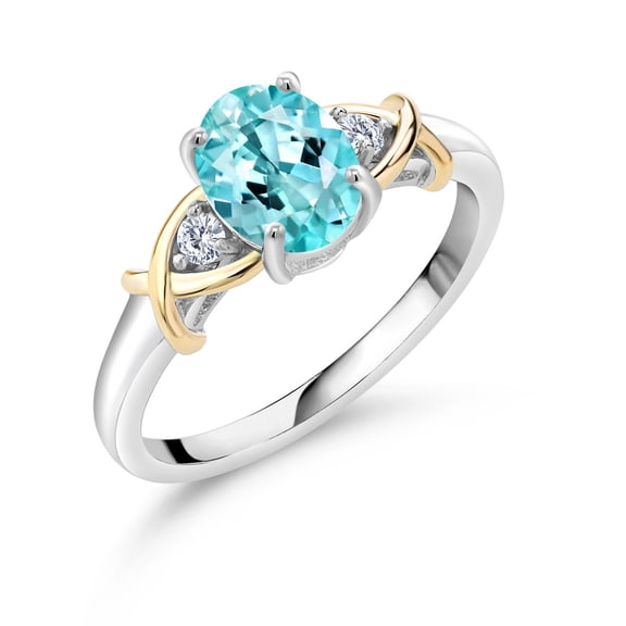 Gem Stone King 2 Tone 10K Yellow Gold and 925 Sterling Silver Blue Apatite and Lab Grown Diamond Women Ring | 1.28 Cttw | Oval 8X6MM | Wedding Engagement Anniversary Promise Ring for Women| Size 8