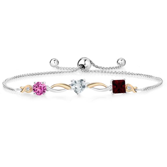 Gem Stone King 925 Silver and 10K Yellow Gold Pink Created Sapphire Sky Blue Aquamarine Red Garnet and Lab Grown Diamond Tennis Bracelet for Women By Keren Hanan (2.20 cttw, Adjustable up To 9 inch)