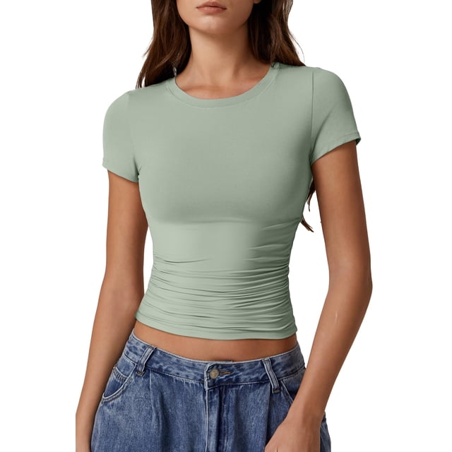 Camiseta QINSEN de manga corta con cuello redondo para mujer, color verde ahumado