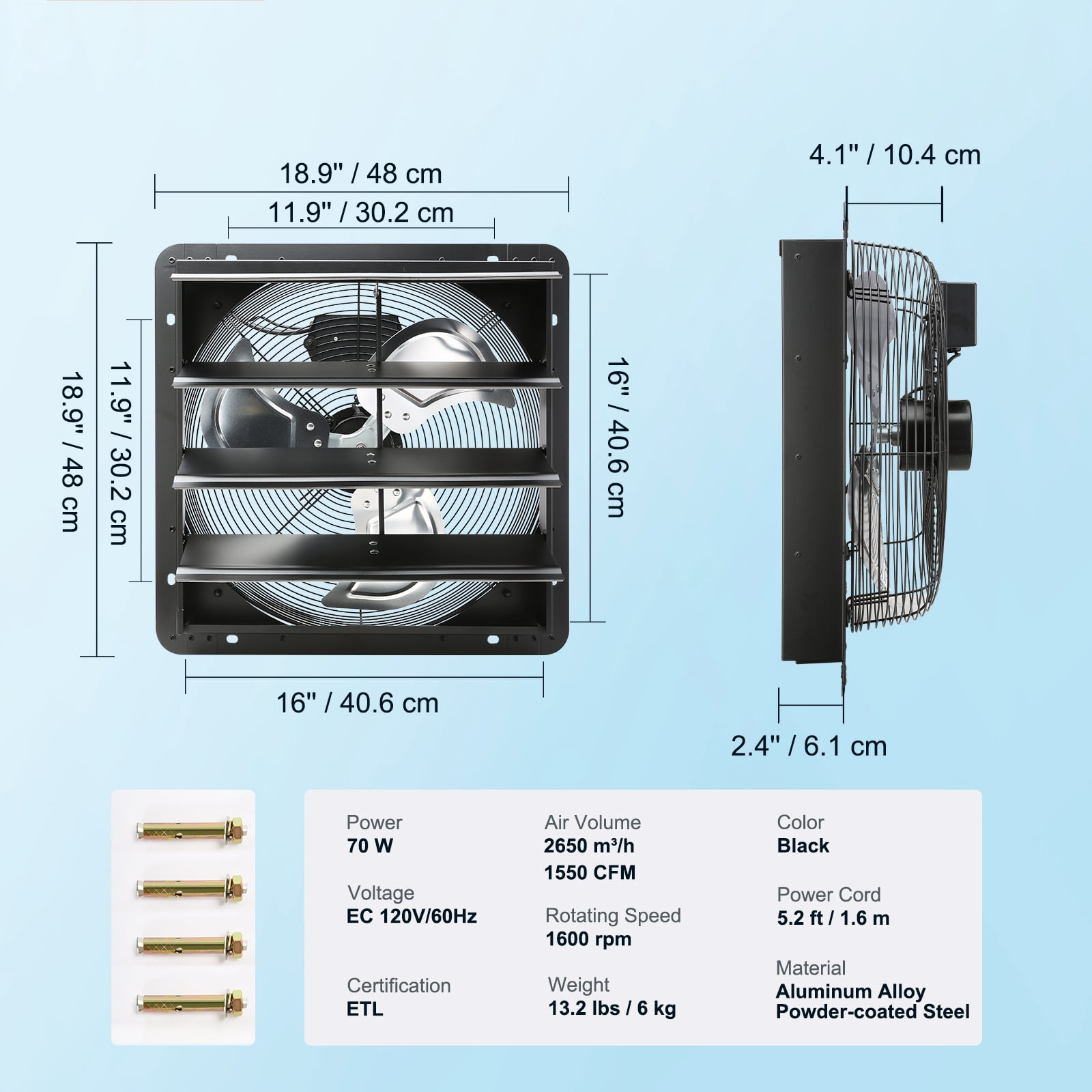 KFFKFF Shutter Exhaust Fan Shop Exhaust Fan 16'' Remote Control Wall-Mount Attic for Greenhouses, Garages, Sheds, ETL Listed
